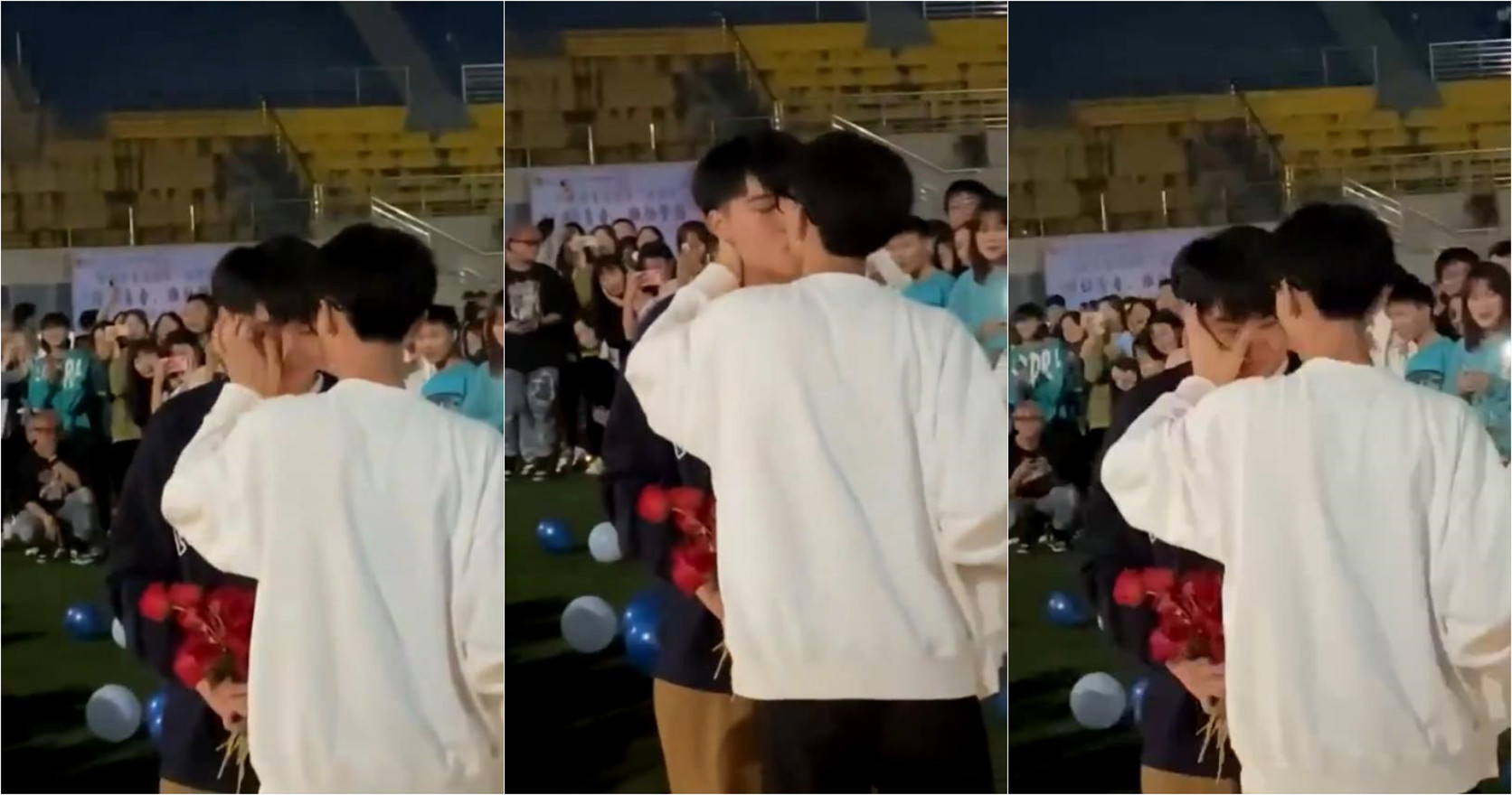 某大学操场，两男生表白现场